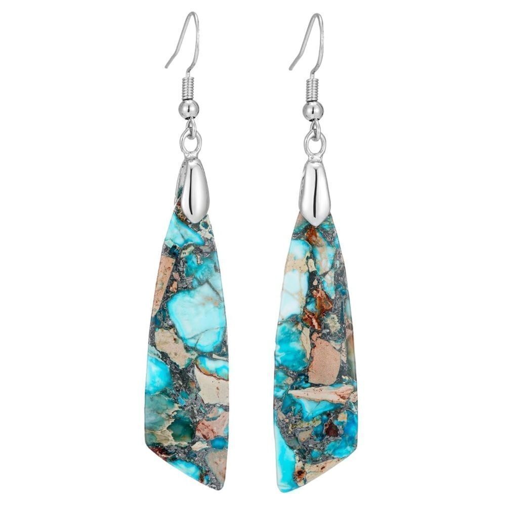 18K White Gold with Natural Imperial Blue Jasper Stone Dangling Hook Earrings